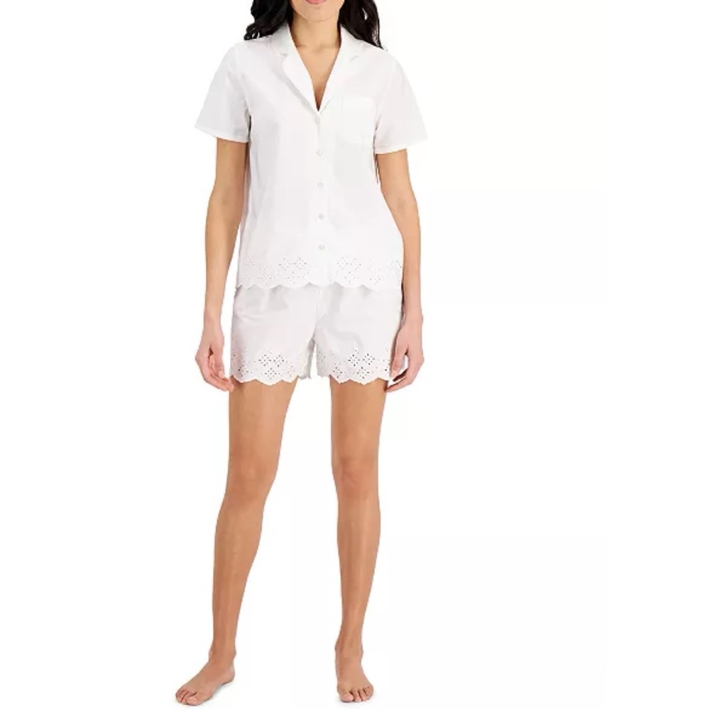 Charter Club Cotton Eyelet-Trim Notch Collar Shorts Pajama Set NEW